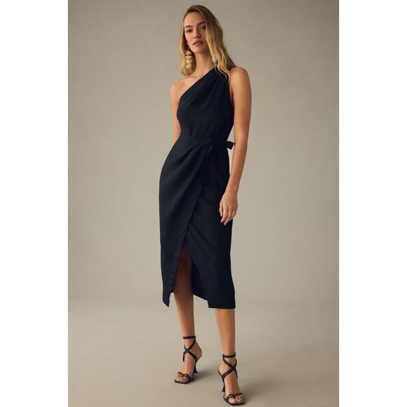 New By Anthropologie One-Shoulder Linen Midi Dress $180 SIZE 4 Black